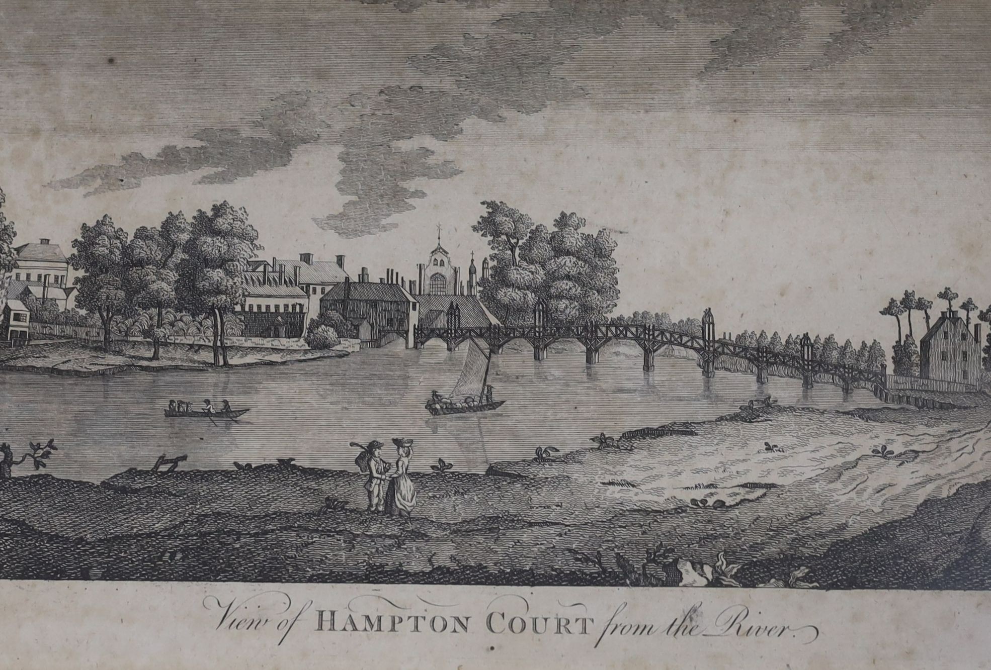 18th century English School, five engravings, Views of Hampton Court, Richmond, Isleworth and Twickenham from the river, and an additional view from Richmond Hill, largest 18 x 27cm